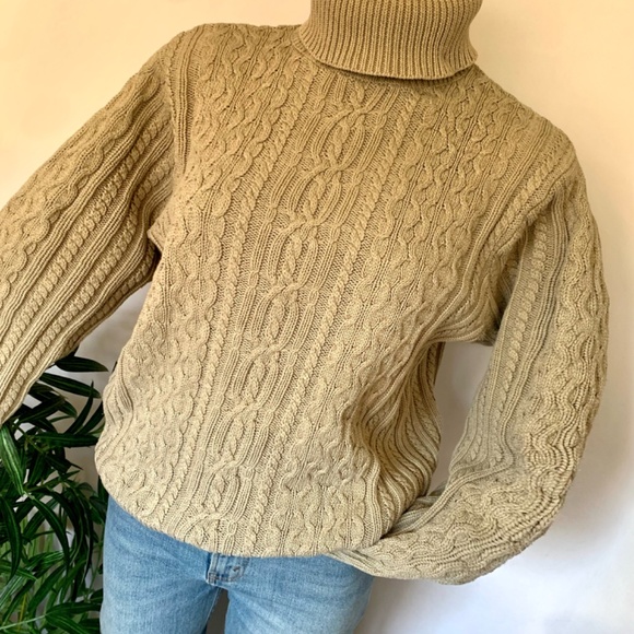 v i n t a g e :: Tan Turtleneck Granny Cable Knit Sweater - Picture 10 of 11